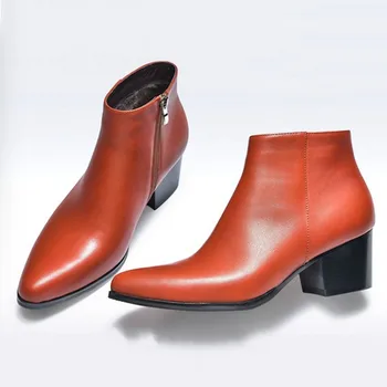 

Heel High Autumn Winter Leather Fashion Pointed Toe Zip Warm Ankle Height Increase Office Dress Shoes Boots Men36-44