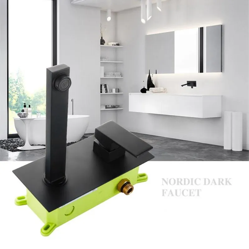 Vidric Matte Black Color Widespread Bathroom embedded Basin Faucet Wall Mounted Water Mixer Tap Chrome Sink