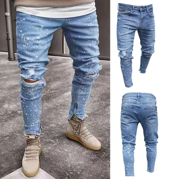 

Men Stretchy Ripped Skinny Biker Jeans Destroyed Hole Taped Slim Fit Denim Scratched High Quality Hip Hop Jeans