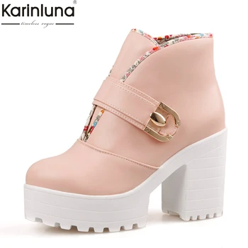 

Karinluna 2019 platform big size 44 fashion square high heels shoes woman boots female shoes hook&loop ankle boots women