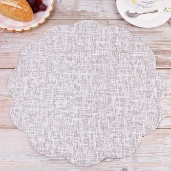 

6pcs Round Lace Placemats PU Heat Insulation Pad Waterproof Oil Proof Mat Table Decoration (Grey)