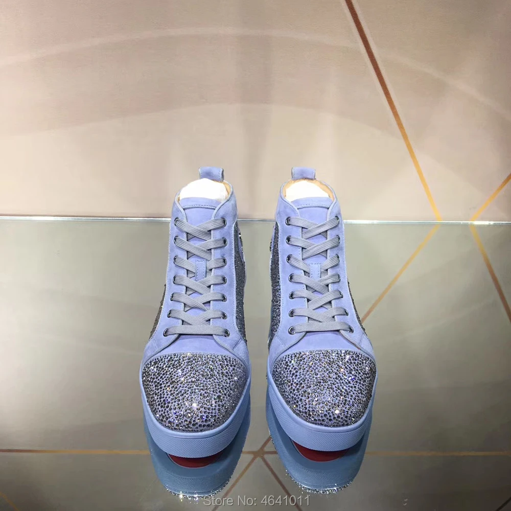 High Top Leisure cl andgz Blue Rhinestone Suede Leather Rivet Red bottoms For men Sports Shoes sneakers Flat Loafers Footwear