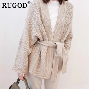 

RUGOD Auturm vintage solid knitted cardigan sweater women Korean batwing sleeve lace up ladies sweater coat 2019 winter clothes