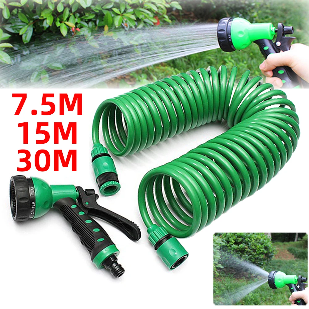 7.5M/15M/30M Retractable Coil Magic Flexible Garden Water Hose Car Cleaning Spring Pipe Plastic Hose Plant Watering W/ Spray Gun