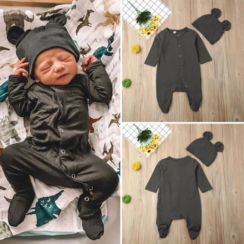 

2PCS Newborn Infant Baby Boy Girl 0-12M Cotton Romper Jumpsuit+Hat Outfit Set