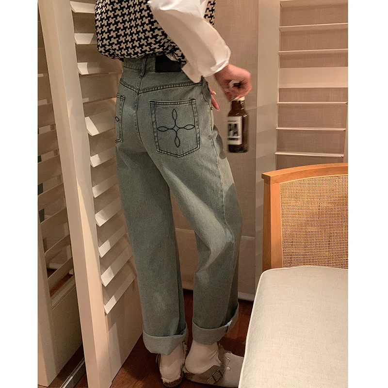 Light Blue Straight Jeans for Women Spring and Autumn Small Daddy Pants 2021 New High Waist Loose Wide Leg Kio | Женская одежда