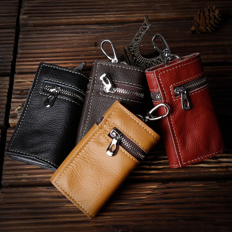 Genuine Leather Purse Zipper Key Wallets Women Key Holder Men Car Keys Bag Men's Case Casual Package Head Layer Cowhide key case key holder key organizer key purse
