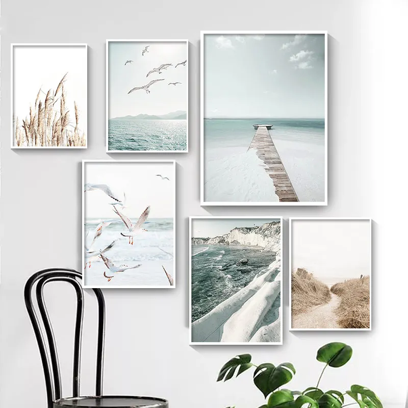 Nordic Nature Landscape Canvas Painting Sunlight Sea Beach Seagull Poster Art Print Photography Wall Pictures For Room Decor