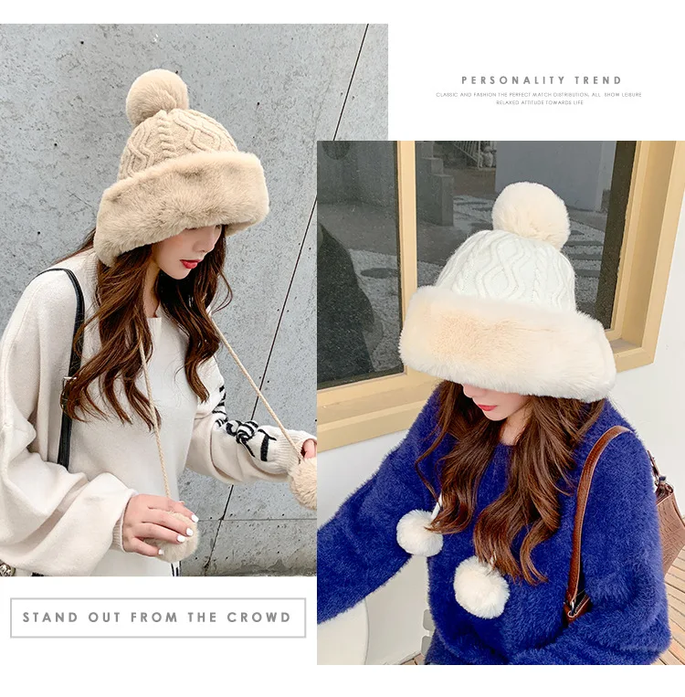 Thicken hat new style ladies fur ball plus velvet warm hood outdoor autumn and winter cold-proof fashion cute woolen wholesale mens leather bomber hat