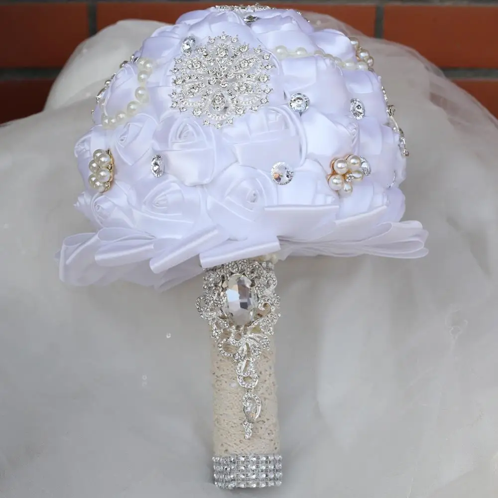 20cm White-W3217 WIFELAI-A, различные стили, атласная роза, свадебный букет, ручная работа Брошь со стразами, подружка невесты, кристалл, свадебный букет, свадебный букет - Цвет: 20cm White-W3217