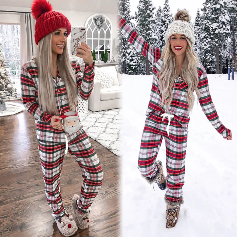 

Women's Christmas stripe printed long sleeve pajamas home wear casual suit