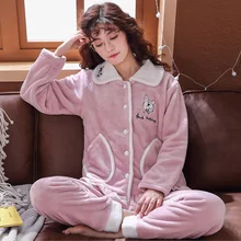 Пижамы размера плюс 3XL 4XL 5XL Женские зимние новые корейские kawaii розовые коралловые флисовые теплые пижамные комплекты Толстая Фланелевая Пижама для дома