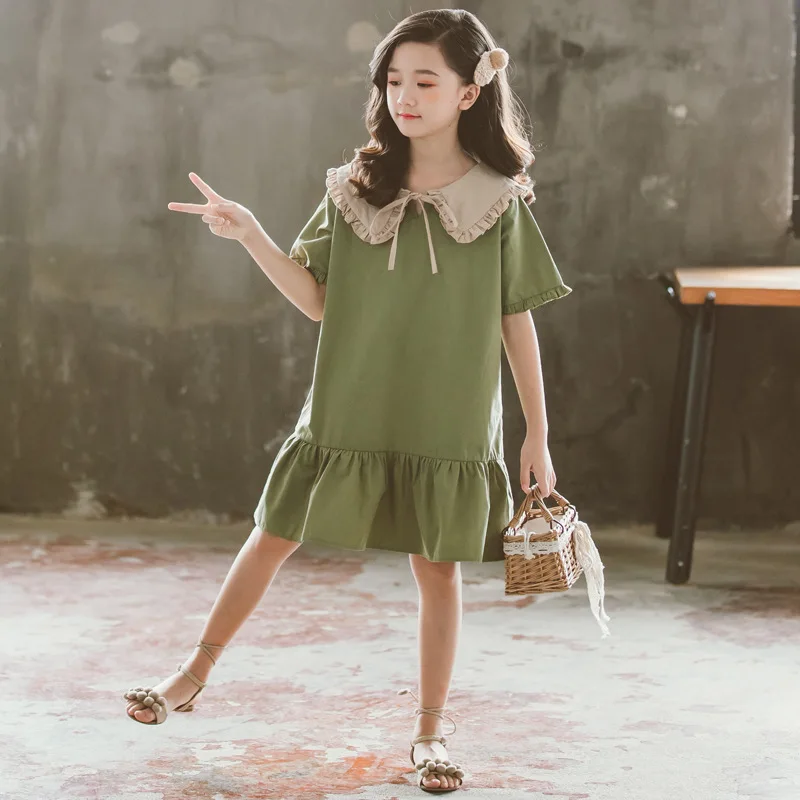 

2019 Summer New Style Korean-style Children Shirt Big Boy Army Green Peter Pan Collar Loose-Fit Casual Dress 6788