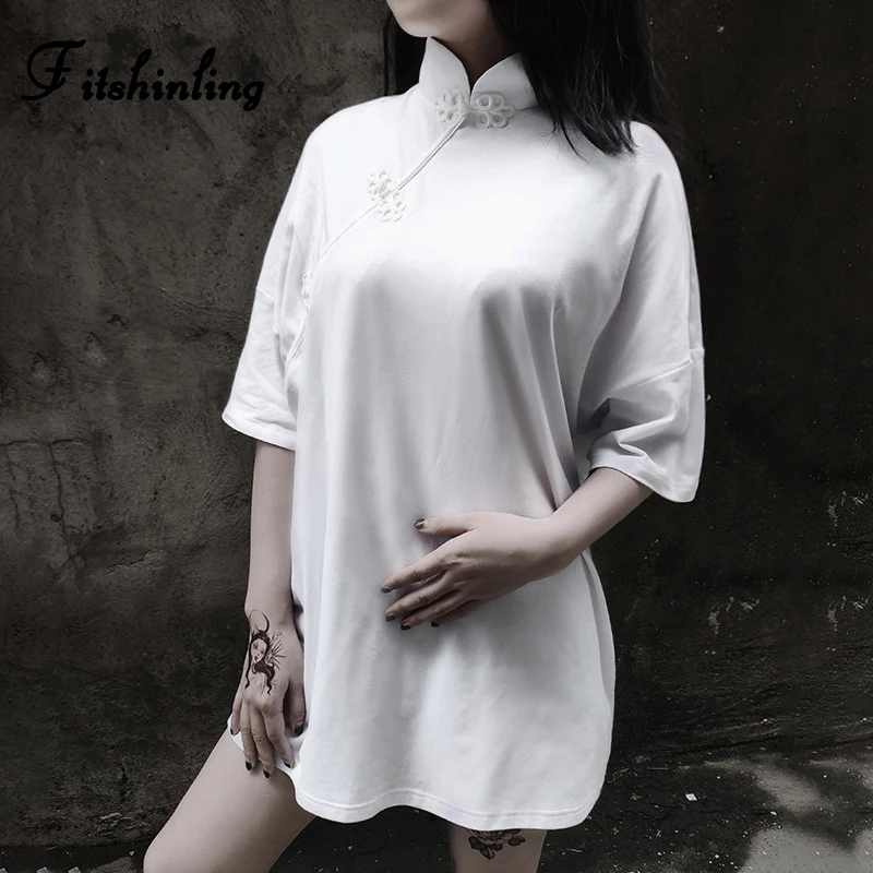 Fitshinling китайский стиль Cheongsam Футболка женская винтажная большой размер готический Топ пуговицы гранж свободная футболка женская одежда