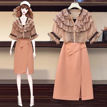 

HAMALIEL Runway Fashion Chiffon Shirt Women Two Piece Set Summer Floral Print Ruffles Loose Shirt + Office OL Pencil Skirt Set