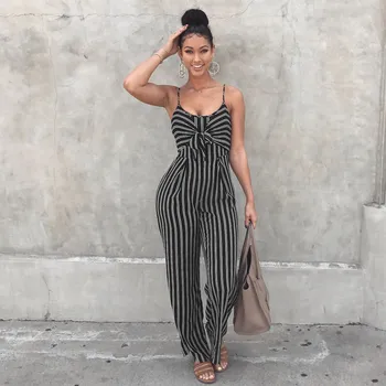 

Strappy Striped Playsuit Bandage Bodysuit Jumpsuit Overalls for Women Casual Loose Wige Legs Pants Body Mujer Macacao Feminino