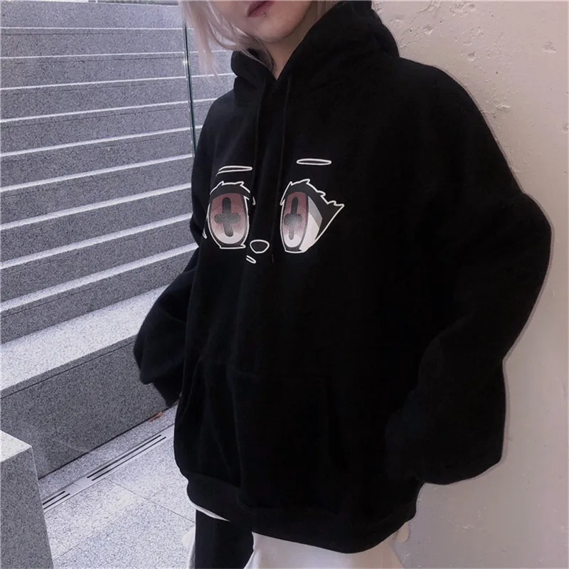 Lychee Harajuku мультфильм глаза Женские флисовые толстовки повседневные свободные женские толстовки спортивный костюм милый хлопок зимние женские пуловеры