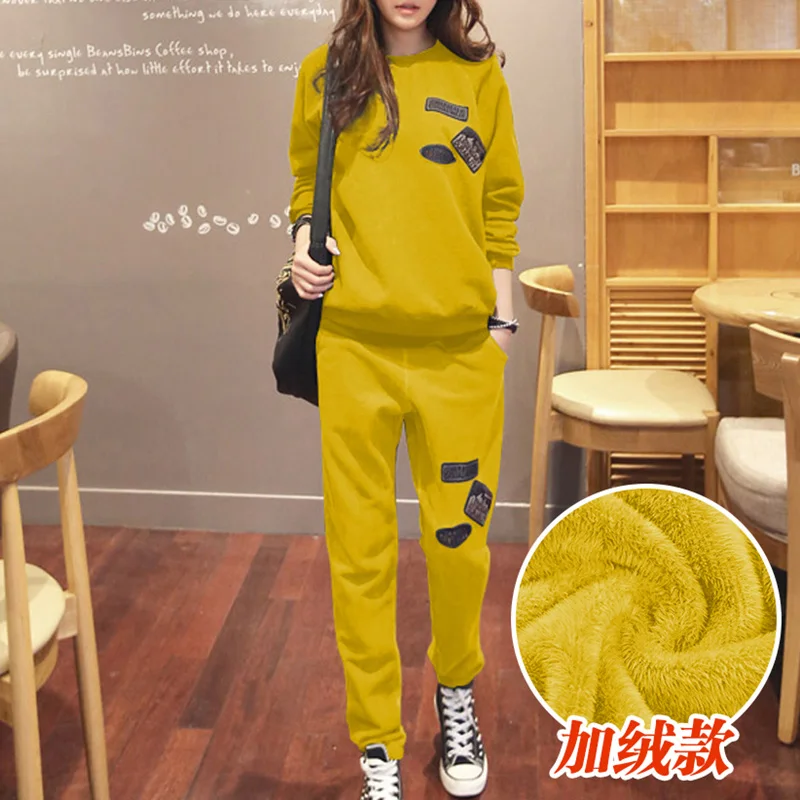 Yellow Winter S-6XL, женская спортивная одежда, спортивные костюмы, весна, осень, зима, повседневные, плюс бархат, Толстая Толстовка+ штаны, комплекты для женщин размера плюс - Цвет: Yellow Winter