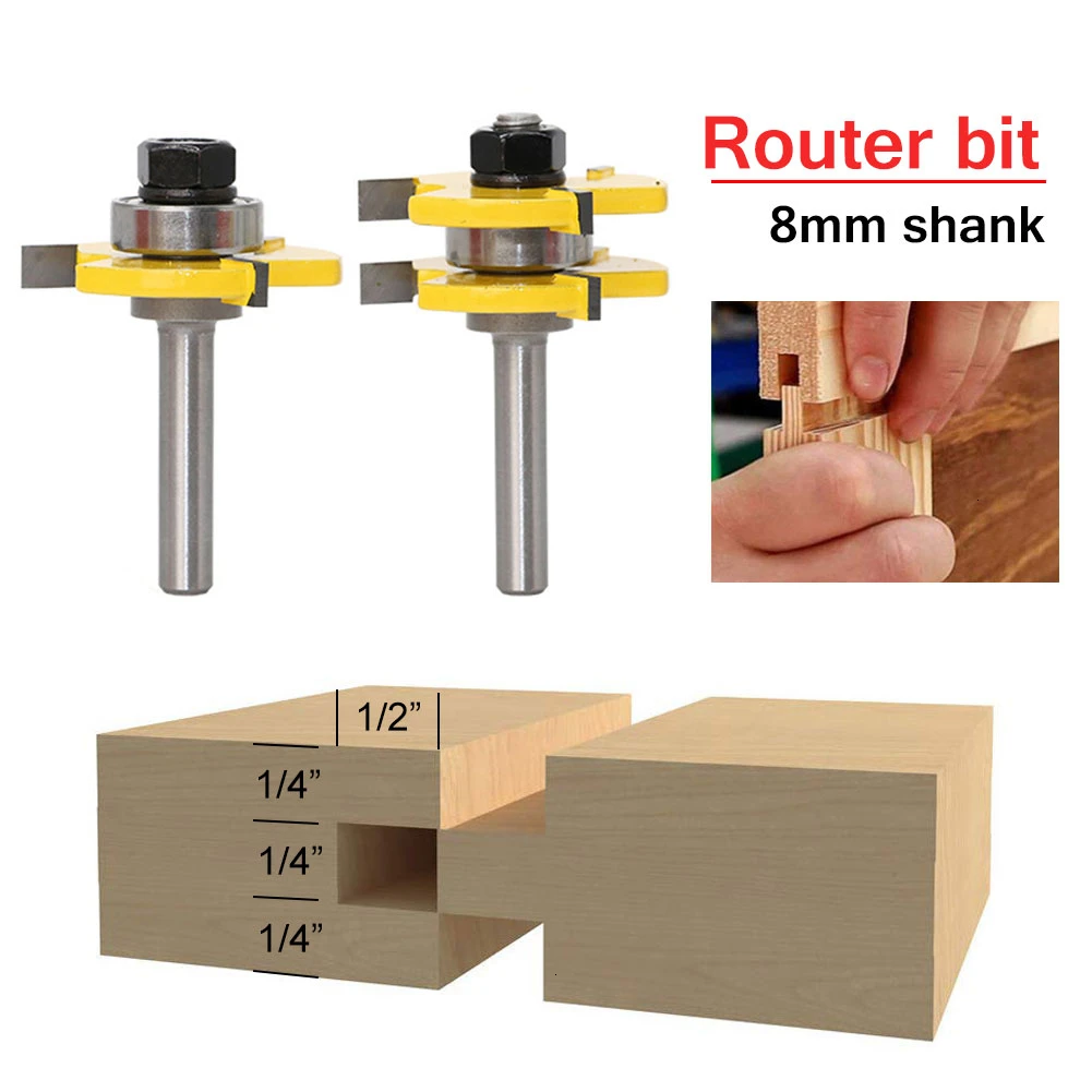 

2 Pcs 8mm Shank High Quality Tongue & Groove Joint Assembly Router Bit Set 3/4" Stock Wood Cutting Tool