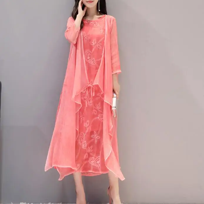 Dress Suits Women Two Piece Sets With Jacket Chiffon Silk Vintage Embroidery Mother of The Bride Long Dresses Robe Wedding Wear