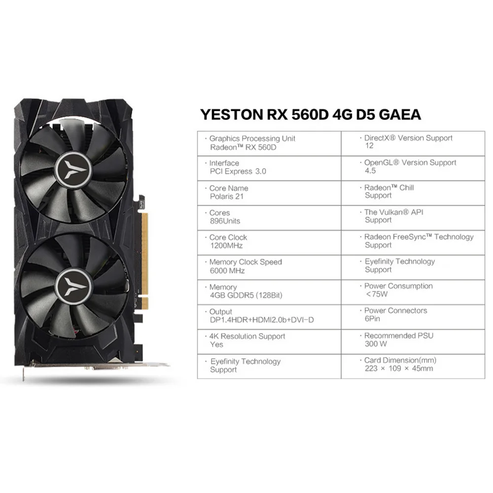Yeston RX560D RX 560 D 4G D5 GAEA графическая карта двойной вентилятор охлаждения 4 Гб памяти GDDR5 128bit DP+ HD+ DVI-D GPU Улучшенный радиатор