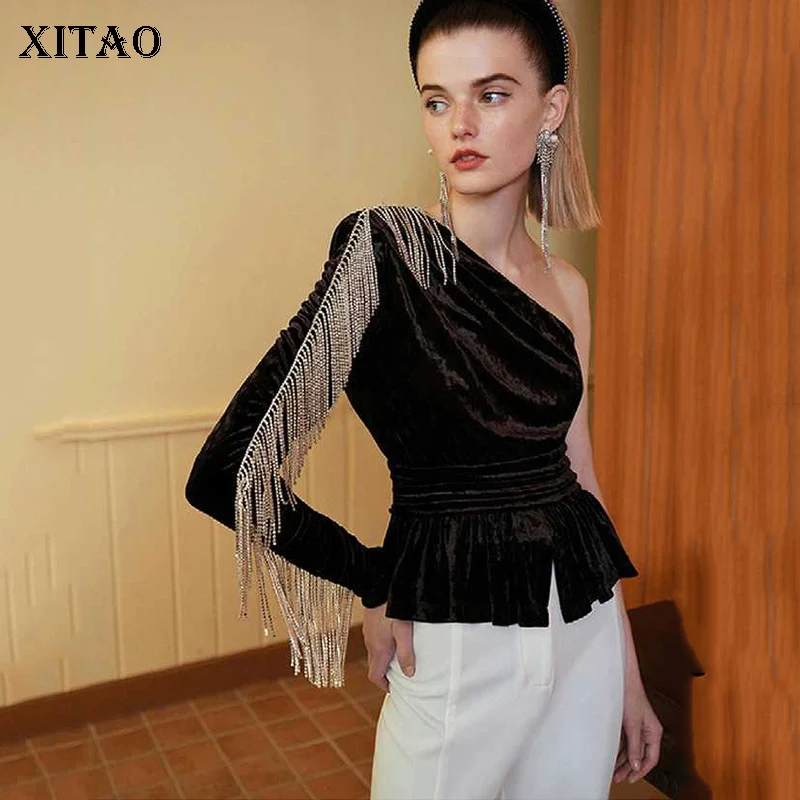 XITAO, европейский стиль, Весенняя толстовка, сексуальные топы с открытыми плечами, длинный рукав, кисточка, дикая черная бархатная женская одежда GCC3218