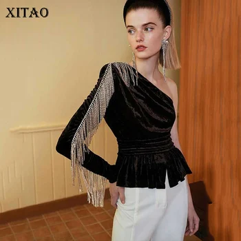 

XITAO Europe Style 2020 Spring Sweatshirt Sexy Off shoulder Tops Long Sleeve Tassel Wild Black Velvet Women Clothes GCC3218