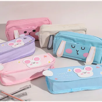 

Simple and cute pencil case cartoon animal double canvas pencil case cute student portable pencil case large capacity stationery