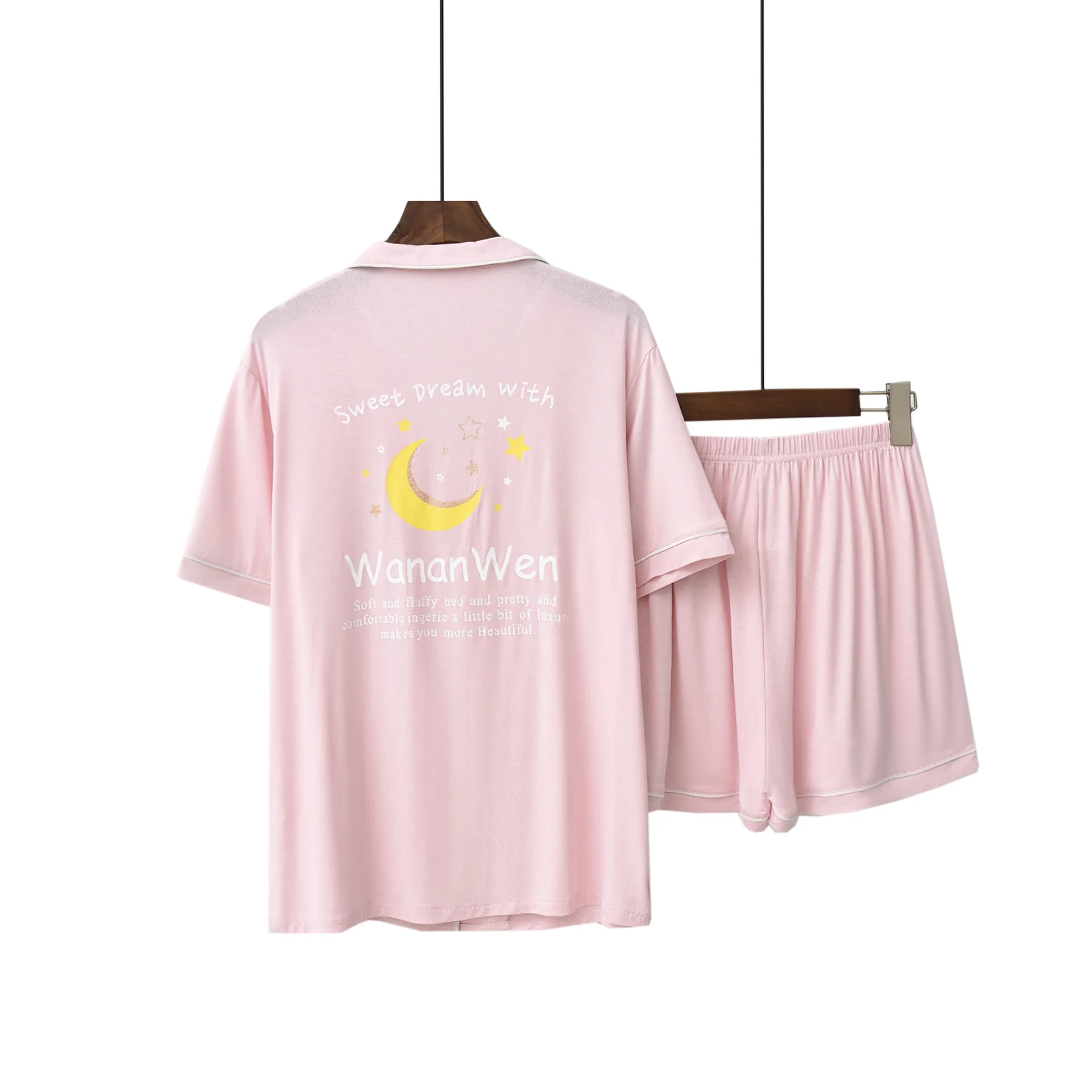 Пара пижамы женские летние тонкие с короткими рукавами и лацканами Луна печать пижамы простые мужские Модальные домашний костюм Loungewear атласный Pj набор