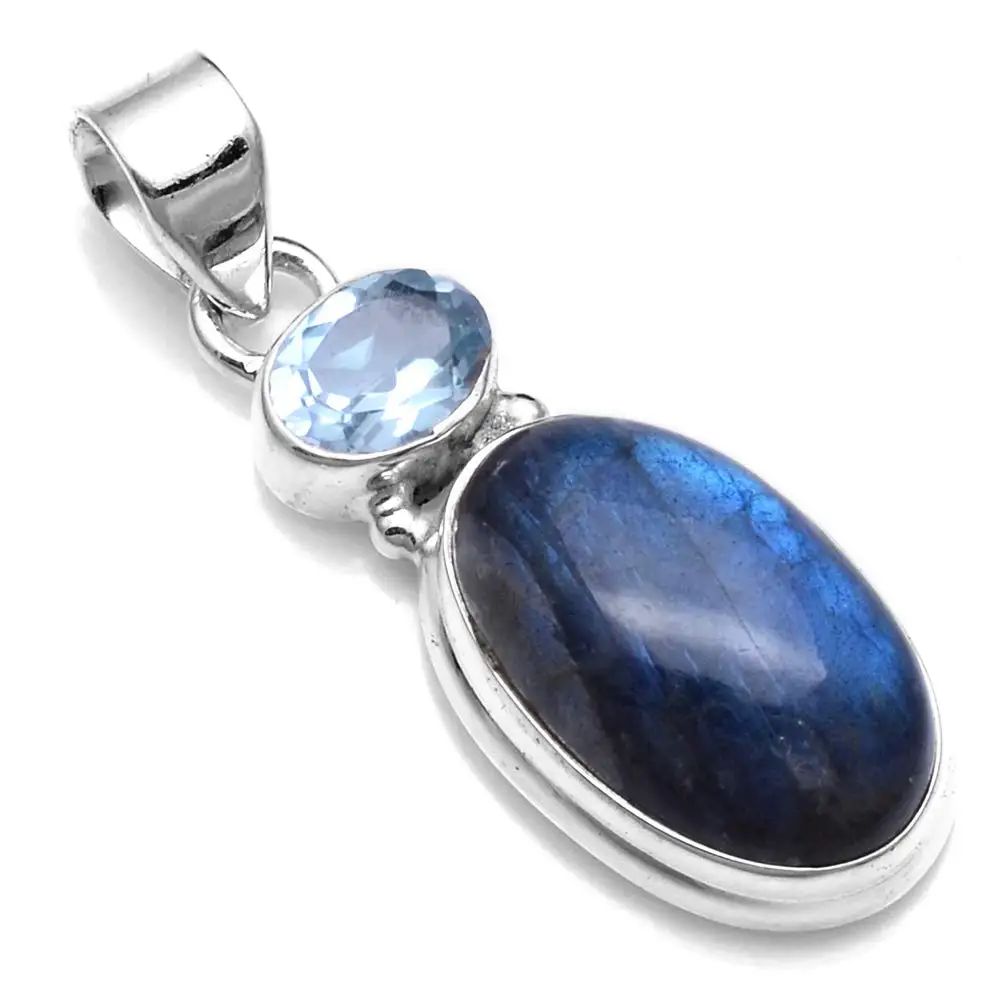 

Genuine Labradorite +Blue Topaz Pendant 925 Sterling Silver, 38.3 mm, 2SP0718