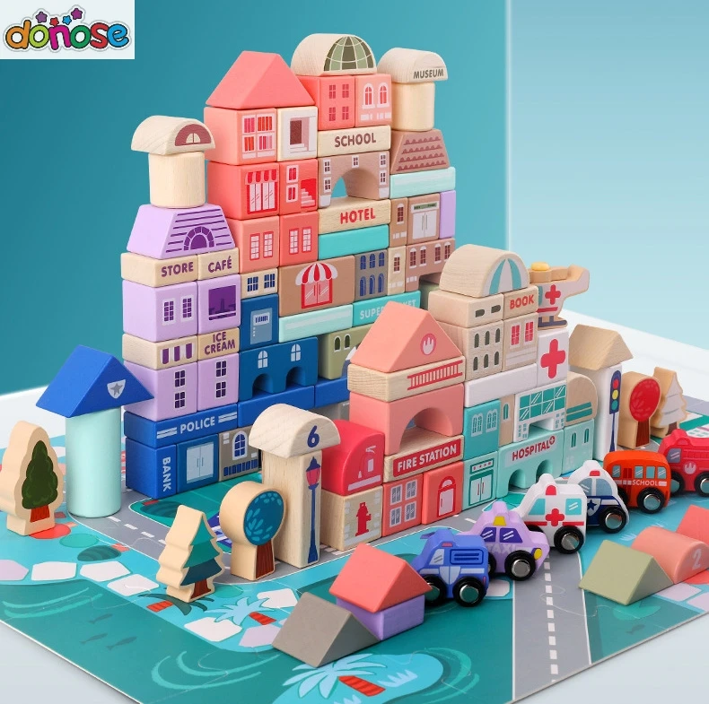 

115 Pcs Macaron Wooden Toys City Traffic Geometric Shape Assembled Building Blocks Early Educational Toys For Children Baby toys