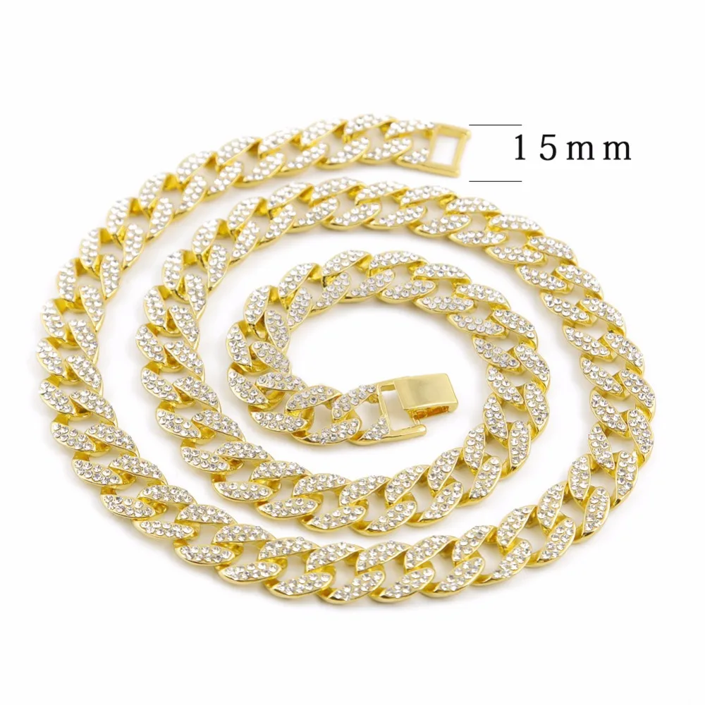 15mm Men Iced Out Hip Hop Gold Silver Tone CZ Miami Cuban Link Chain Choker Necklace Rhinestone