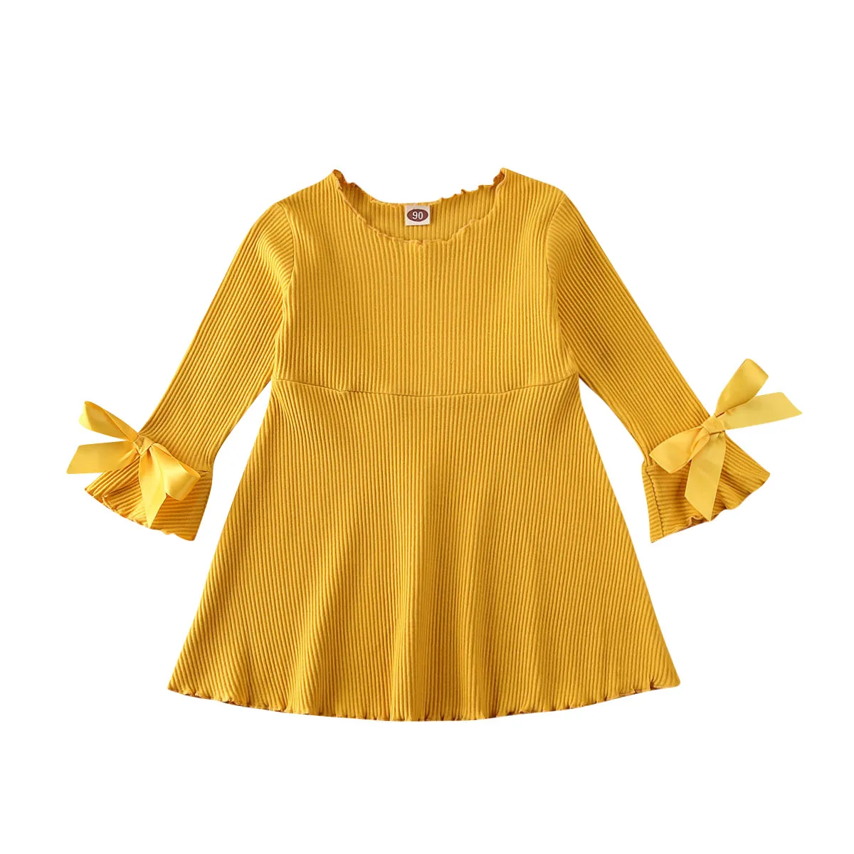 Детская одежда; сезон весна-осень пышные вечерние платья принцессы с длинными рукавами для маленьких девочек рифленый бантик; однотонные платья - Цвет: Цвет: желтый