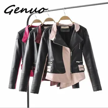 

Autumn Faux Soft Leather Women Short Jacket Asymmetric Punk Bomber Coats Turn-down Collar Zipper Leather Outerwear