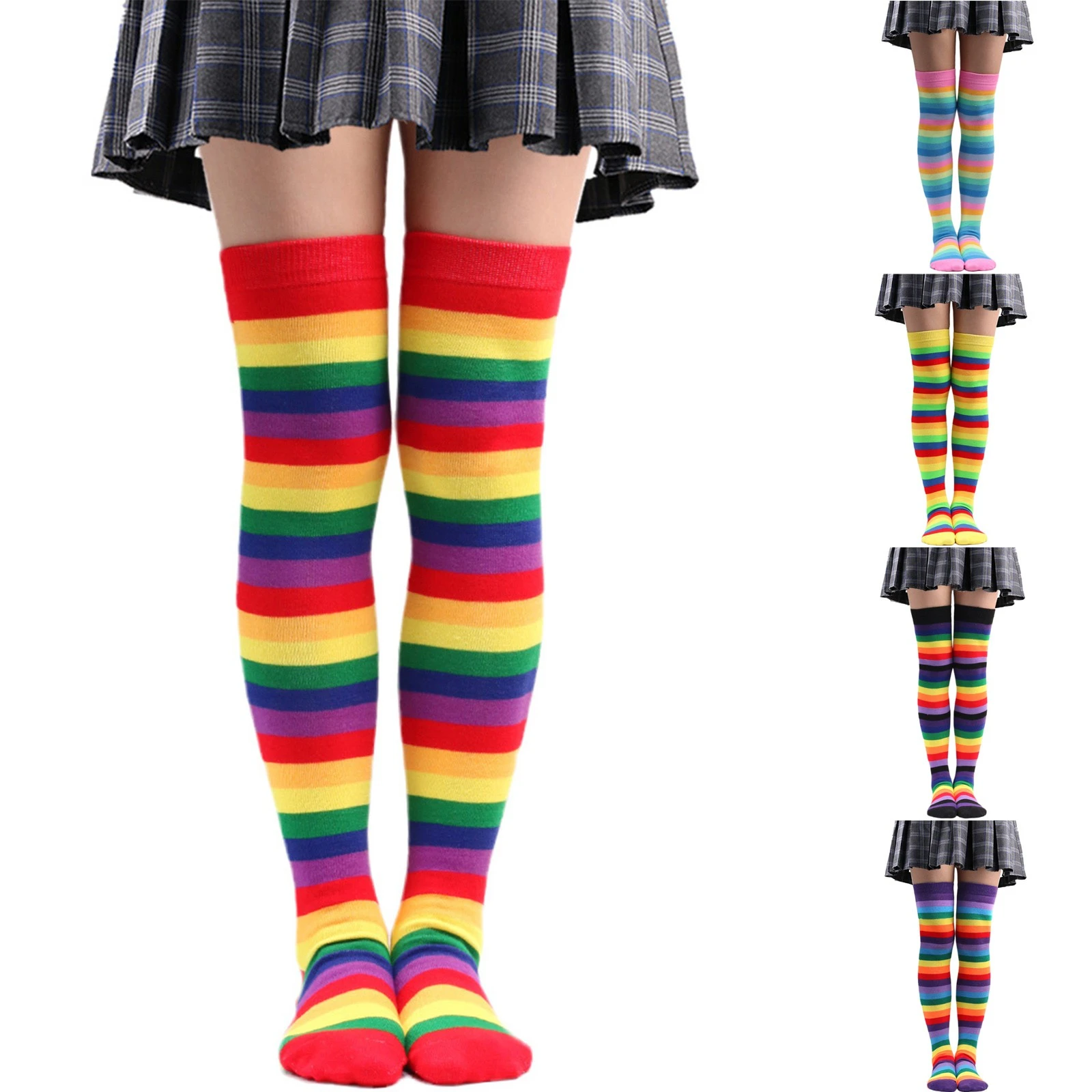 Women Rainbow Striped Socks Cotton Long Knee Thigh High for Girls Stockings 