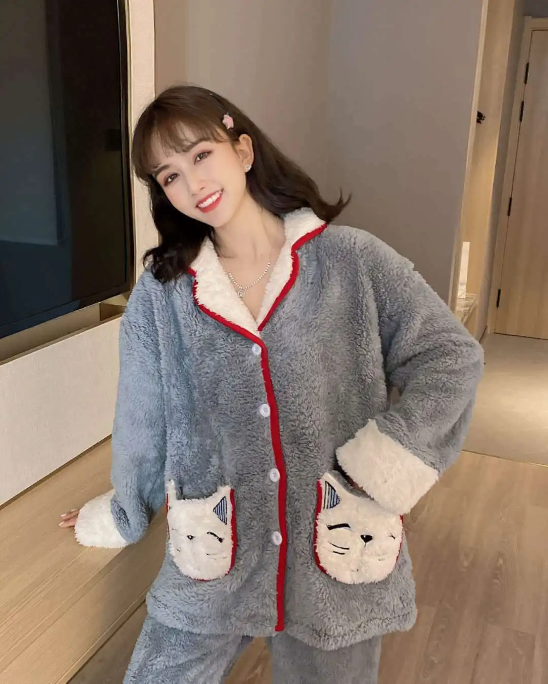 Women's Pajamas for Winter Thickened Flannel Gray Ladies V-neck Two-piece Homewear for Women Long Sleeve Sleepwear