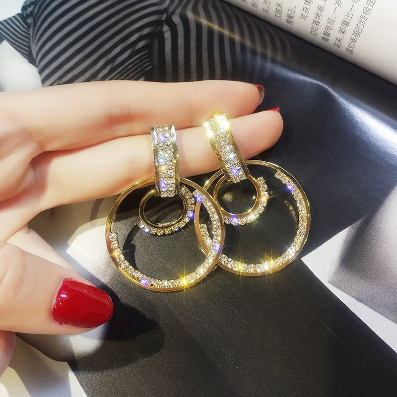 

2019 Hot Sale High quality 925 silver needle geometric shiny circle earrings female Crystal from Swarovskis 2 Colors Fit Women