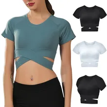 Модные женские спортивные Йога фитнес тренировка ажурное, с перекрестными лямками короткий рукав Футболка Йога Топ женские топы Спортивные#45