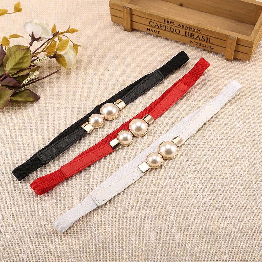 

60cm Double Pearl Leather Belt Women Dress Waist Design Elastic Thin Belts For Female Narrow Girdle Decoration Accessories