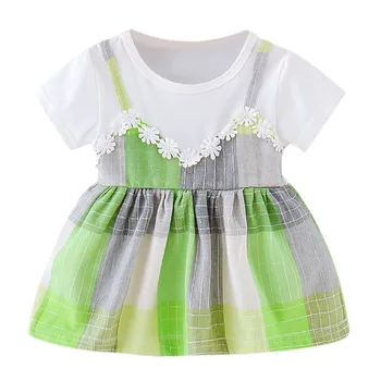

Children's short-sleeved rainbow checked print stitching princess dress детские платья