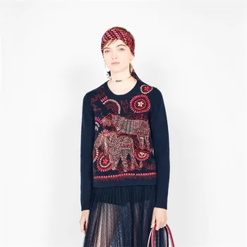 

High Quality Animal Embroidery Knitted Sweater Women 2020 Vintage O-neck Long Sleeve Loose pull femme