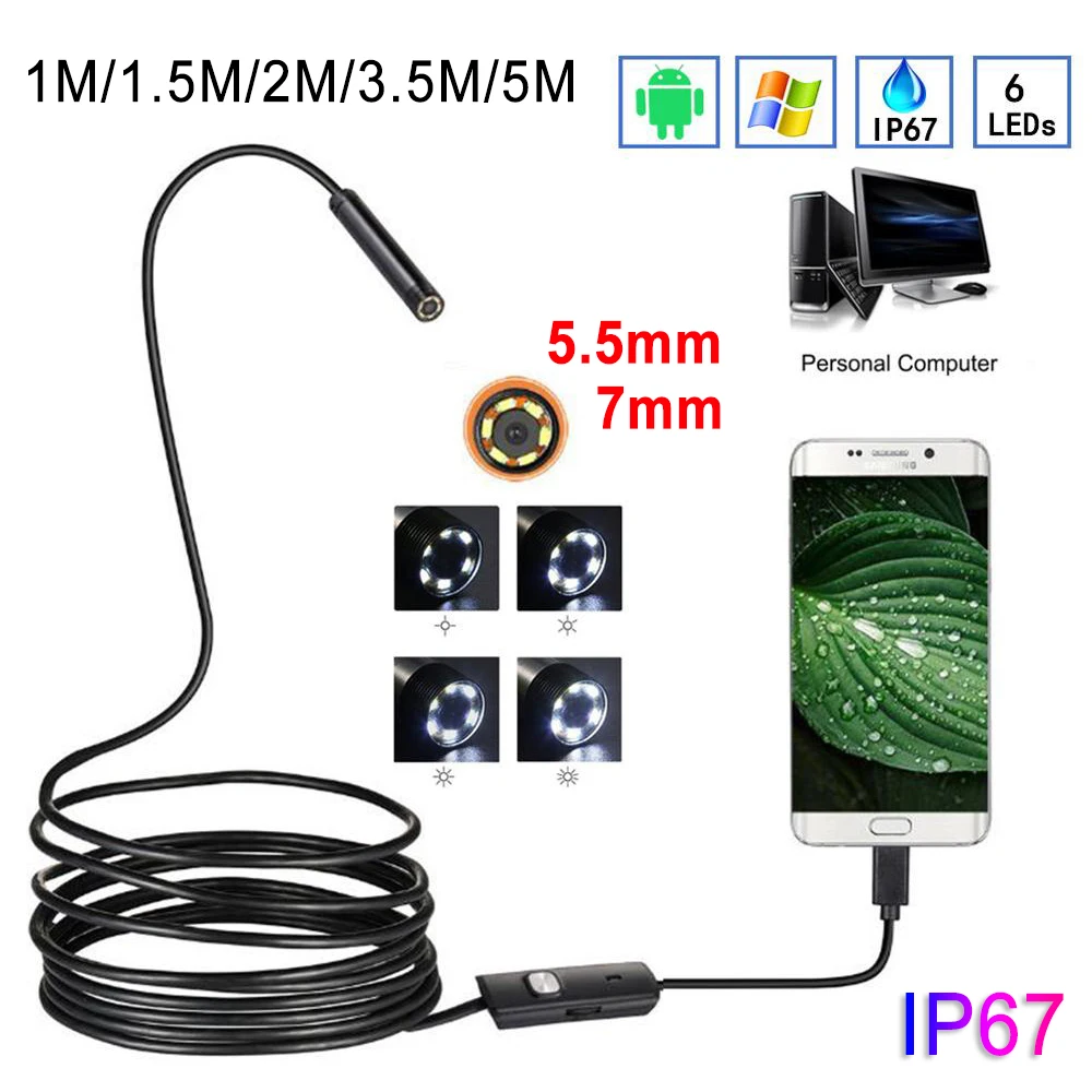 5.5mm 7mm Endoscope Camera 1M/1.5M/2M/3.5M/5M Flexible IP67 Waterproof Inspection Borescope For Android 6 LEDs Adjustable | Безопасность