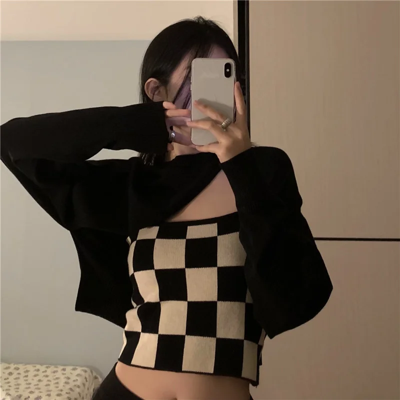 Long Sleeved Blouse Jacket Women's Autumn and Winter Gangwei Street Shooting Suit Checkerboard Knitted Vest Two Piece | Женская