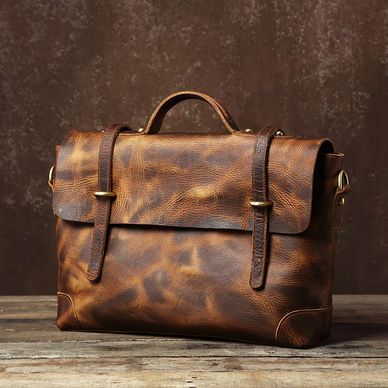 

Top Grade Male Men's Vintage Real Crazy Horse Leather Briefcase Messenger Shoulder Portfolio Laptop Bag Case Office Handbag