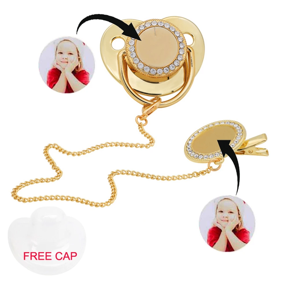 Personalized Sublimation Blank Baby Pacifier Rhinestone Dummy Clips Chain Gold Bling Pacifier Infant Nipple