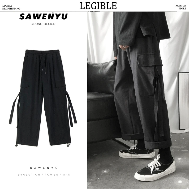 Модные милые мужские брюки с несколькими карманами, Мужские штаны с эластичной талией, шаровары в стиле хип-хоп, повседневные свободные прямые длинные штаны