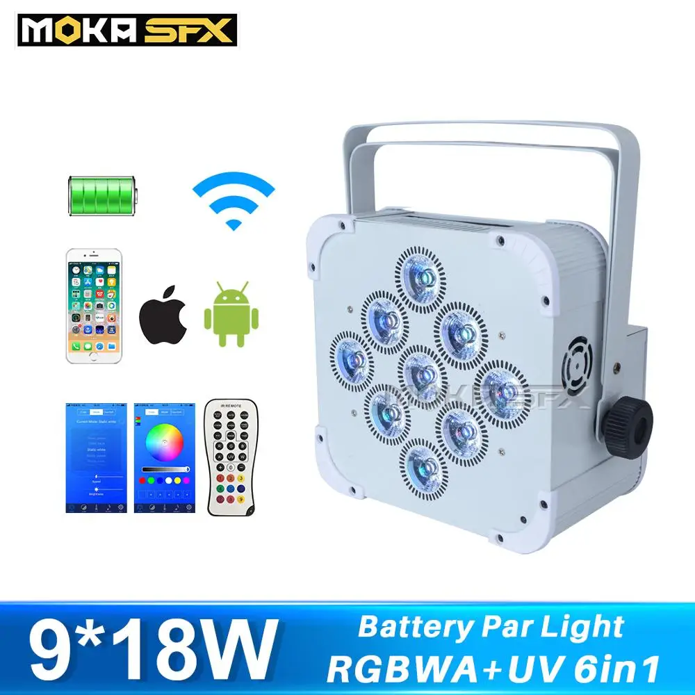 

Moka Stage Lighting Battery Powered 9*18W White LED Wireless 6in1 Battery Par Wash DMX Remote for Wedding Stage DJ Disco Party