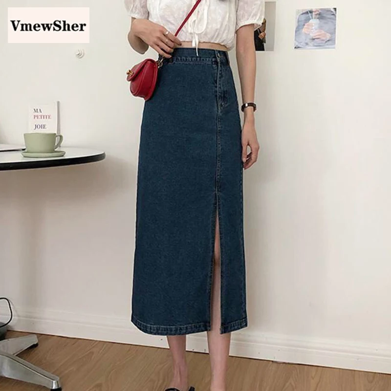 

VmewSher New Spring Irregular Split Hem Women Denim Skirts Mid-calf Long Dark Blue Autumn Chic Lady Elegant Solid Jean Skirt