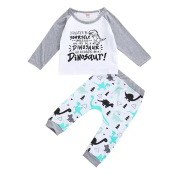

2Pcs Toddler Clothing Autumn Round-Neck Long-Sleeves Top Printing + Dinosaur Pattern Pants Boys Clothing Set Cotton Kids Clothes