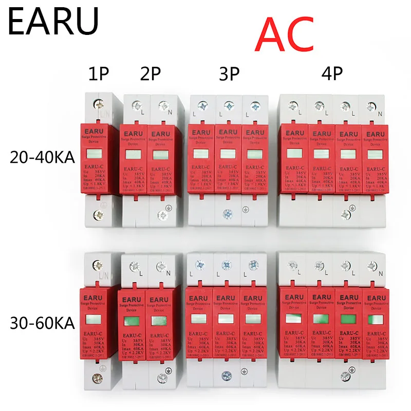 

1pc AC SPD 1P 2P 3P 4P 20~40KA 30KA~60KA 385V House Lightning Surge Protector Protective Low-voltage Arrester Device OEM Factory